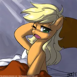 Size: 700x700 | Tagged: safe, artist:johnjoseco, derpibooru import, applejack, earth pony, pony, :o, adobe imageready, awakening, bed, crepuscular rays, female, hatless, looking at you, mare, messy mane, missing accessory, morning ponies, one eye closed, open mouth, sitting, solo, wink, yawn