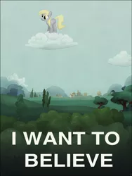 Size: 2250x3000 | Tagged: safe, artist:stinkehund, derpibooru import, derpy hooves, pegasus, pony, cloud, female, high res, hooves, i want to believe, mare, on a cloud, parody, poster, smiling, solo, standing on cloud, text, the x files, tree, wings