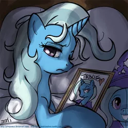 Size: 720x722 | Tagged: safe, artist:johnjoseco, derpibooru import, trixie, pony, unicorn, adobe imageready, bed, bust, female, looking at you, mare, morning ponies, narcissism, picture, pillow, plushie, portrait, solo