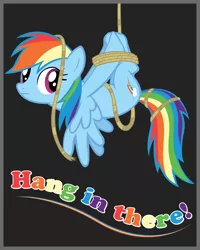 Size: 4000x5000 | Tagged: safe, artist:stinkehund, derpibooru import, rainbow dash, pegasus, pony, absurd resolution, bondage, female, hang in there, mare, motivation, poster, rope, solo, tied up, upside down