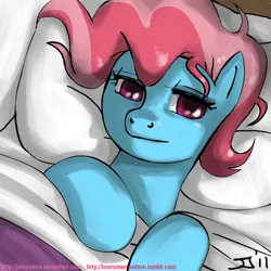 Size: 900x900 | Tagged: safe, artist:johnjoseco, derpibooru import, cup cake, earth pony, pony, adobe imageready, bed, cute, female, looking at you, mare, morning ponies, on back, pillow, smiling, solo