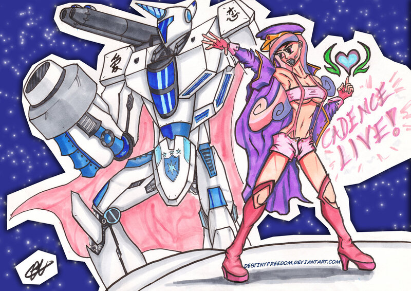 Size: 1280x905 | Tagged: artist:destinyfreedom, breasts, derpibooru import, human, humanized, macross, mecha, princess cadance, shining armor, suggestive, traditional art