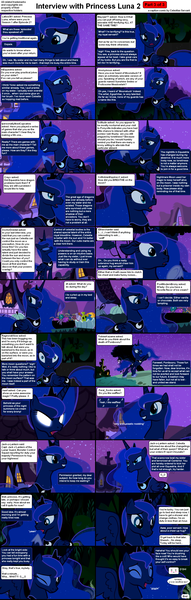 Size: 1282x4018 | Tagged: safe, derpibooru import, princess luna, alicorn, pony, comic:celestia's servant interview, caption, comic, female, interview, mare, night, solo