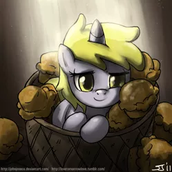 Size: 900x903 | Tagged: safe, artist:johnjoseco, derpibooru import, dinky hooves, pony, unicorn, adobe imageready, background pony, basket, cute, dinkabetes, excited, female, filly, foal, happy, morning ponies, muffin, solo