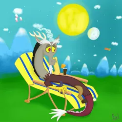 Size: 2000x2000 | Tagged: artist:polkin, cloud, dead source, deck chair, derpibooru import, discord, high res, moon, mountain, on back, safe, solo, sun