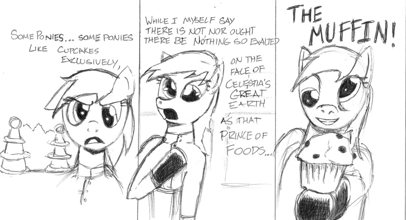 Size: 1099x596 | Tagged: safe, artist:wafflecannon, derpibooru import, derpy hooves, pegasus, pony, clothes, comic, female, food, frank zappa, mare, monochrome, muffin, solo, tesla coil