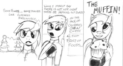 Size: 1099x596 | Tagged: safe, artist:wafflecannon, derpibooru import, derpy hooves, pegasus, pony, clothes, comic, female, food, frank zappa, mare, monochrome, muffin, solo, tesla coil