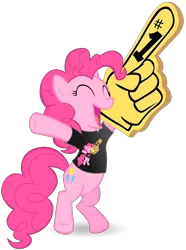 Size: 2969x4000 | Tagged: safe, artist:stinkehund, derpibooru import, pinkie pie, earth pony, pony, bipedal, clothes, eyes closed, female, foam finger, mare, shirt, simple background, solo, t-shirt