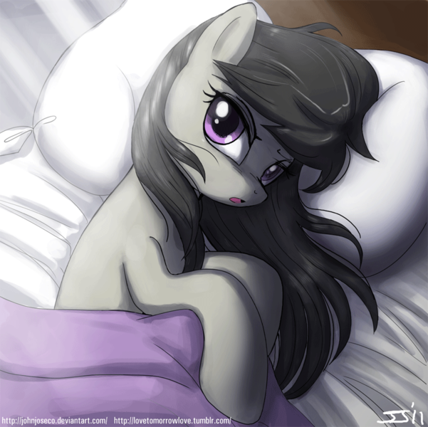 Size: 900x899 | Tagged: safe, artist:johnjoseco, derpibooru import, octavia melody, earth pony, pony, :o, adobe imageready, bed, bedroom eyes, cute, female, light, looking at you, mare, messy mane, morning ponies, open mouth, pillow, side, solo