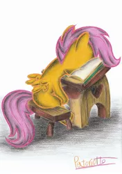 Size: 1636x2320 | Tagged: safe, artist:patoriotto, derpibooru import, scootaloo, pegasus, pony, book, facebooking, facedesk, faceplant, female, filly, headdesk, pixiv, pun, school, sitting, sleeping, sleeping in class, solo, traditional art
