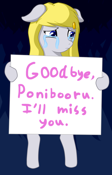 Size: 1135x1763 | Tagged: safe, artist:pocketsaya, derpibooru import, oc, unofficial characters only, pony, ponibooru, crying, floppy ears, meta, sign, solo