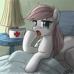 Size: 900x899 | Tagged: safe, artist:johnjoseco, derpibooru import, nurse redheart, earth pony, pony, adobe imageready, alternate hairstyle, bed, female, looking at you, loose hair, mare, messy mane, morning ponies, open mouth, pillow, raised hoof, sitting, solo, yawn