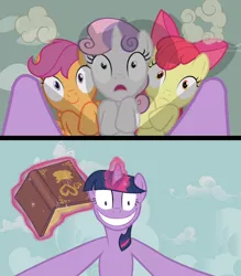 Size: 1280x1464 | Tagged: suggestive, derpibooru import, edit, edited screencap, screencap, apple bloom, scootaloo, sweetie belle, twilight sparkle, earth pony, pegasus, pony, unicorn, hearts and hooves day (episode), awkward, book, cutie mark crusaders, female, femdom, femsub, filly, hearts and hooves day, imminent foalcon, imminent rape, insane face, insanity, mare, rapeface, submissive, this will end in jail time, this will end in tears, twilight is a foal fiddler, twilight snapple