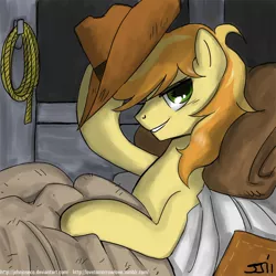 Size: 900x899 | Tagged: safe, artist:johnjoseco, derpibooru import, braeburn, earth pony, pony, adobe imageready, hat, lasso, looking at you, male, morning ponies, pillow, rope, smiling, solo, stallion