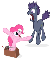 Size: 1000x1131 | Tagged: safe, artist:manateemckenzie, derpibooru import, pinkie pie, oc, earth pony, pony, female, jumping, male, mare, scared, simple background, smiling, stallion, surprised, toolbox