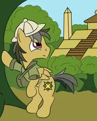 Size: 1600x2000 | Tagged: safe, artist:wolferahm, derpibooru import, daring do, pegasus, pony, bipedal, clothes, dashing do, fortress of talacon, hat, jungle, male, rule 63, solo, stallion, tree