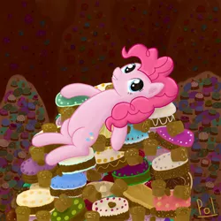 Size: 2000x2000 | Tagged: dead source, safe, artist:polkin, derpibooru import, pinkie pie, earth pony, pony, cake, cupcake, dessert, female, high res, mare, on back, pile, solo, sweets