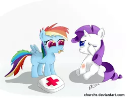 Size: 650x500 | Tagged: safe, artist:churchs, derpibooru import, rainbow dash, rarity, pegasus, pony, unicorn, bandaid, female, filly, first aid kit, foal, injured, mouth hold, one eye closed, simple background, sitting, smiling, standing