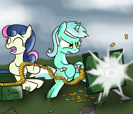 Size: 457x393 | Tagged: safe, artist:paper-pony, derpibooru import, bon bon, lyra heartstrings, sweetie drops, earth pony, pony, unicorn, ammunition, angry, animated, bullet, cloud, cutie mark, duo, eyes closed, female, gif, grass, gun, heavy bolter, looking away, machine gun, mare, ponies with guns, scared, seizure warning, shooting, sitting, weapon, who needs trigger fingers