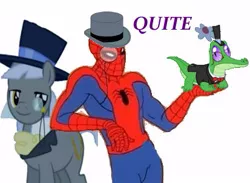 Size: 413x302 | Tagged: safe, artist:mogneciothebrave, derpibooru import, caesar, gummy, alligator, crocodile, earth pony, human, pony, 60s spider-man, british, caption, clothes, crossover, dapper, hat, image macro, leaning, lidded eyes, male, marvel comics, meme, monocle, peter parker, quite, random, simple background, smiling, spider-man, stallion, tally ho! a rainbow!, text, top hat, trio, tuxedo, wat, white background