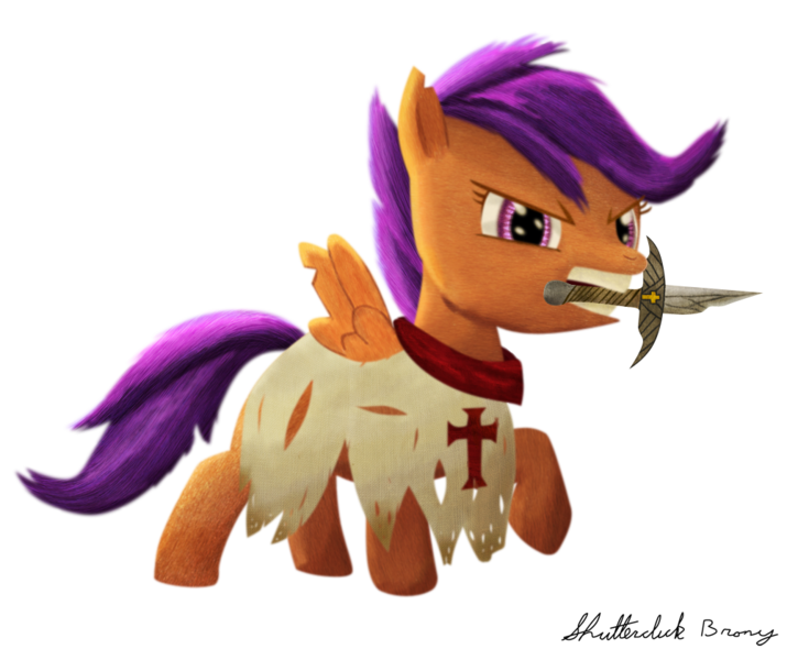 Size: 1000x839 | Tagged: safe, artist:shutterclickbrony, derpibooru import, scootaloo, pegasus, pony, angry, christianity, clothes, cross, crusader, fantasy class, female, filly, knight, knights templar, mouth hold, paladin, signature, simple background, sword, transparent background, warrior, weapon