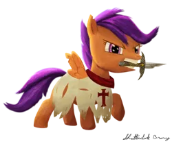 Size: 1000x839 | Tagged: safe, artist:shutterclickbrony, derpibooru import, scootaloo, pegasus, pony, angry, christianity, clothes, cross, crusader, fantasy class, female, filly, knight, knights templar, mouth hold, paladin, signature, simple background, sword, transparent background, warrior, weapon