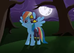 Size: 3500x2500 | Tagged: safe, artist:morevespenegas, derpibooru import, rainbow dash, pegasus, pony, clothes, costume, female, high res, mare, mare in the moon, moon, night, shadowbolt dash, shadowbolts, shadowbolts costume, spread wings, tree, wings