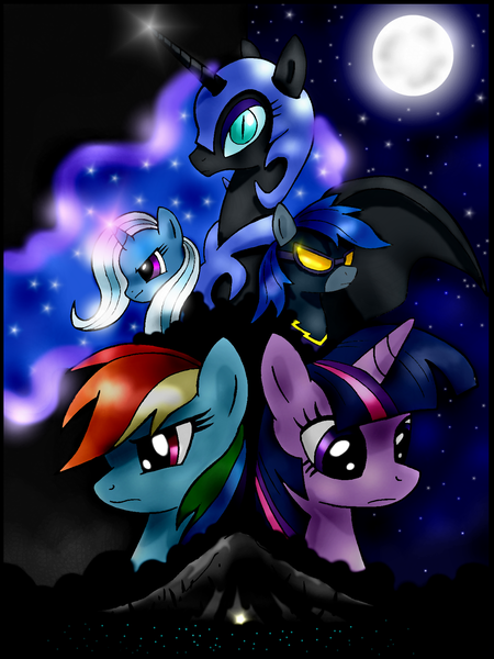 Size: 1224x1632 | Tagged: safe, artist:unitoone, derpibooru import, nightmare moon, rainbow dash, trixie, twilight sparkle, alicorn, pegasus, pony, unicorn, fanfic, clothes, costume, fanfic art, female, mare, shadowbolts, shadowbolts costume, the night that never ended