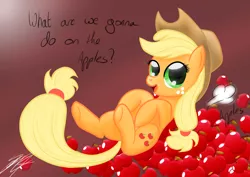 Size: 1480x1050 | Tagged: suggestive, artist:sierraex, derpibooru import, applejack, earth pony, pony, female, gradient background, hentai quotes, looking at you, mare, on back, onomatopoeia, open mouth, pomf, smiling, solo, solo female, underhoof, what are we gonna do on the bed?
