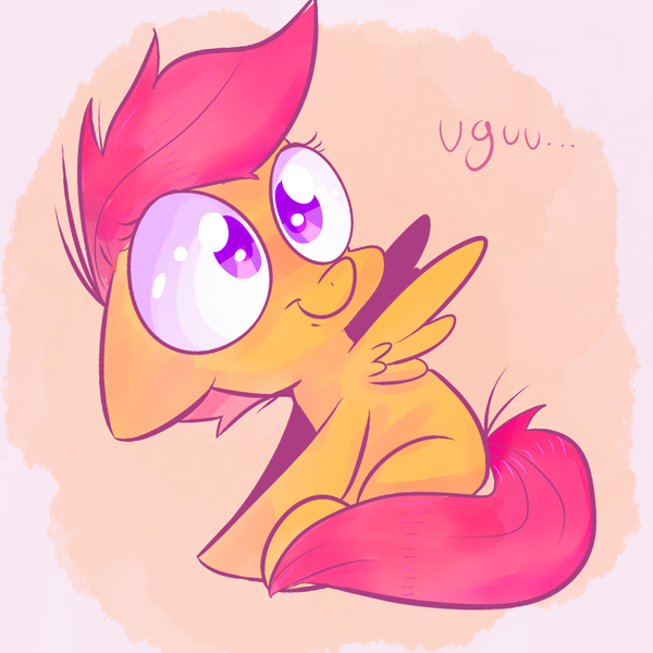 Size: 1000x1000 | Tagged: safe, artist:spanish-scoot, derpibooru import, scootaloo, pegasus, pony, female, filly, floppy ears, looking up, sitting, smiling, solo, uguu