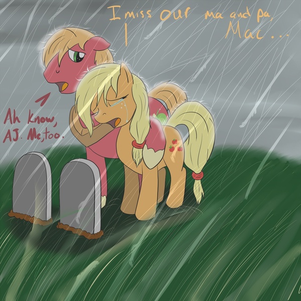 Size: 1280x1280 | Tagged: safe, artist:jinyaranda, deleted from derpibooru, derpibooru import, applejack, big macintosh, earth pony, pony, applejack's parents, crying, duo, female, grave, hatless, male, mare, missing accessory, rain, sad, stallion, wet mane