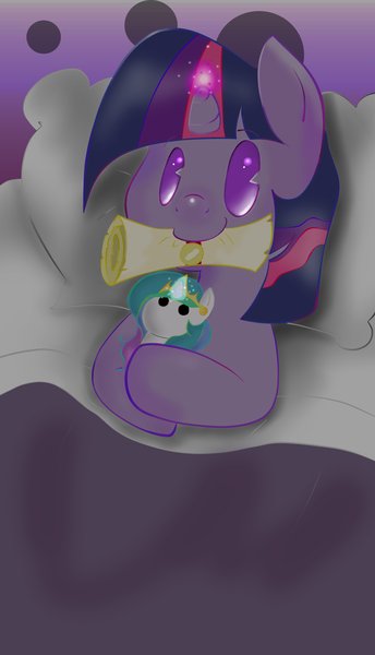 Size: 1090x1900 | Tagged: safe, artist:llamaswithkatanas, derpibooru import, twilight sparkle, pony, unicorn, bed, female, filly, foal, mouth hold, no pupils, on back, pillow, plushie, scroll, smiling, solo