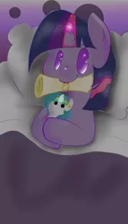 Size: 1090x1900 | Tagged: safe, artist:llamaswithkatanas, derpibooru import, twilight sparkle, pony, unicorn, bed, female, filly, foal, mouth hold, no pupils, on back, pillow, plushie, scroll, smiling, solo