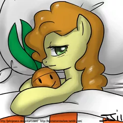 Size: 900x900 | Tagged: safe, artist:johnjoseco, derpibooru import, carrot top, golden harvest, earth pony, pony, adobe imageready, carrot, female, food, looking at you, mare, morning ponies, pillow, solo