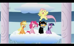 Size: 1680x1050 | Tagged: artist needed, safe, derpibooru import, edit, edited screencap, screencap, applejack, fluttershy, pinkie pie, twilight sparkle, earth pony, pegasus, pony, unicorn, sonic rainboom (episode), cloud, cowboy hat, eyes closed, female, hat, homestuck, karkat vantas, mare, on a cloud, open mouth, sitting, sitting on cloud, spread wings, wings