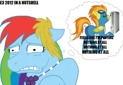 Size: 1112x773 | Tagged: suggestive, artist:cartoonlion, derpibooru import, edit, rainbow dash, spitfire, pegasus, pony, e3, female, floppy ears, mare, nothing at all, plot, simple background, stupid sexy flanders, stupid sexy spitfire, the simpsons, thought bubble, white background, xbox 360