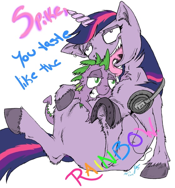 Size: 1565x1687 | Tagged: suggestive, artist:thedrippingrainbow, derpibooru import, spike, twilight sparkle, dragon, pony, unicorn, drugs, ear piercing, earring, female, headphones, horseshoes, hug, jewelry, licking, male, mare, piercing, tongue out, underhoof, unshorn fetlocks