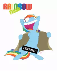Size: 2000x2500 | Tagged: suggestive, artist:thedrippingrainbow, derpibooru import, rainbow dash, pegasus, pony, censor bar, censored, clothes, female, flashing, high res, manic grin, mare, pun, simple background, solo, solo female, tooth gap, trenchcoat, white background