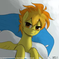 Size: 900x900 | Tagged: safe, artist:johnjoseco, derpibooru import, spitfire, pegasus, pony, adobe imageready, bed, female, looking at you, mare, messy mane, morning ponies, on back, pillow, solo, spread wings, wings