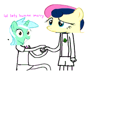 Size: 847x859 | Tagged: artist needed, safe, derpibooru import, bon bon, lyra heartstrings, sweetie drops, earth pony, pony, animated, clothes, female, gif, homestuck, ironic, kneeling, lesbian, lyrabon, mare, marriage, marriage proposal, shipping, simple background, white background