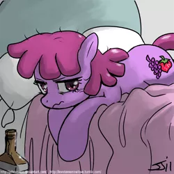 Size: 900x900 | Tagged: safe, artist:johnjoseco, derpibooru import, berry punch, berryshine, earth pony, pony, adobe imageready, bed, female, hangover, liquor, mare, messy mane, morning ponies, pillow, solo
