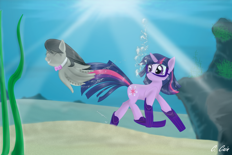 Size: 2000x1334 | Tagged: safe, artist:c-cain, derpibooru import, octavia melody, twilight sparkle, cephalopod, monster pony, octopony, original species, pony, unicorn, bubble, diving, female, flippers, goggles, mare, octaviapus, swimming goggles, underwater, unicorn twilight