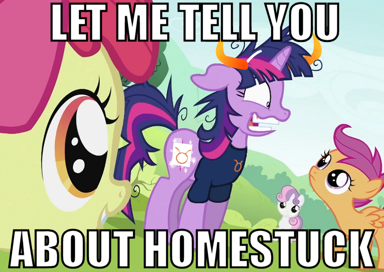 Size: 789x558 | Tagged: safe, derpibooru import, edit, edited screencap, screencap, apple bloom, scootaloo, sweetie belle, twilight sparkle, earth pony, pegasus, pony, unicorn, lesson zero, cutie mark crusaders, female, filly, homestuck, image macro, mare, twilight snapple