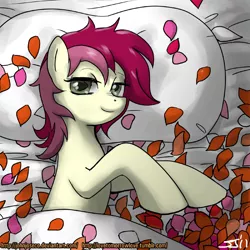Size: 900x900 | Tagged: safe, artist:johnjoseco, derpibooru import, roseluck, earth pony, pony, adobe imageready, bed, female, looking at you, mare, morning ponies, pillow, rose, rose petals, smiling, solo
