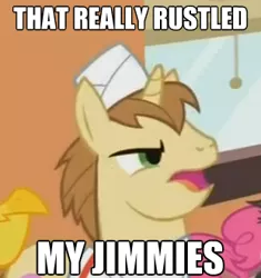 Size: 310x330 | Tagged: safe, derpibooru import, edit, edited screencap, screencap, donut joe, pinkie pie, earth pony, pony, unicorn, mmmystery on the friendship express, female, image macro, jimmies, male, mare, meme, rustled my jimmies, solo focus, stallion