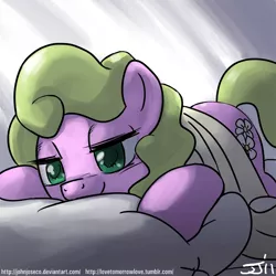 Size: 900x900 | Tagged: safe, artist:johnjoseco, derpibooru import, daisy, flower wishes, earth pony, pony, adobe imageready, female, looking at you, mare, morning ponies, pillow, smiling, solo