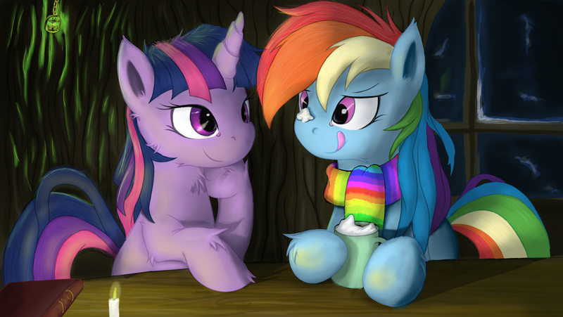 Size: 2621x1476 | Tagged: dead source, safe, artist:grumblepluck, derpibooru import, rainbow dash, twilight sparkle, pegasus, pony, unicorn, candle, chest fluff, clothes, cute, dashabetes, female, golden oaks library, hot chocolate, lesbian, library, mare, photoshop, scarf, shipping, twiabetes, twidash, unicorn twilight, wallpaper