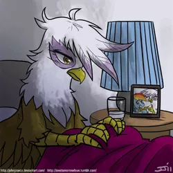 Size: 900x900 | Tagged: safe, artist:johnjoseco, derpibooru import, gilda, rainbow dash, gryphon, pegasus, pony, adobe imageready, bed, bed hair, end table, female, glass, image, lamp, morning ponies, photo, pillow, png, ruffled feathers, solo, spread wings, talons, thumbs up, wings