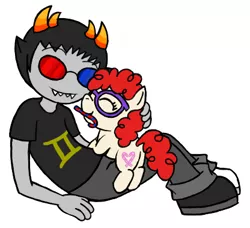 Size: 416x379 | Tagged: safe, artist:darlimondoll, derpibooru import, twist, earth pony, pony, candy, candy cane, crossover, duo, female, filly, foal, food, homestuck, male, mouth hold, simple background, sollux captor, troll (homestuck), white background