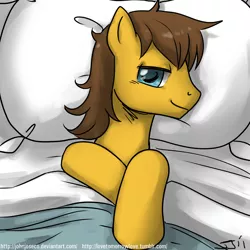 Size: 900x900 | Tagged: safe, artist:johnjoseco, derpibooru import, caramel, earth pony, pony, adobe imageready, bed, carabetes, caramel is awesome, cute, looking at you, male, morning ponies, on back, pillow, solo, stallion